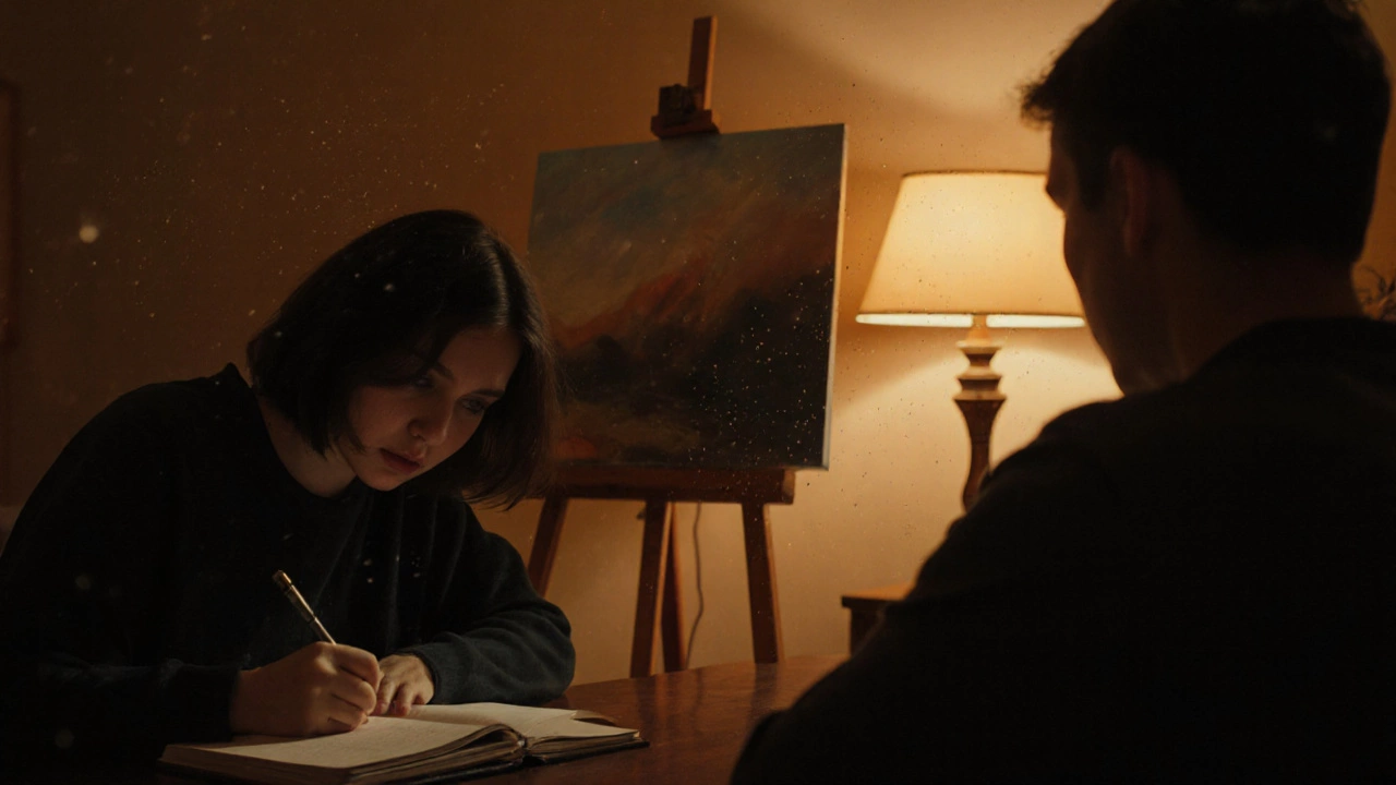 Два человека в тихой комнате: один пишет, другой молча смотрит, рядом картина.