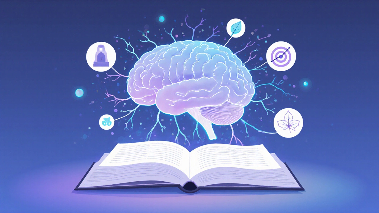 Мозг с подсвеченными нейронными связями над открытой книгой.