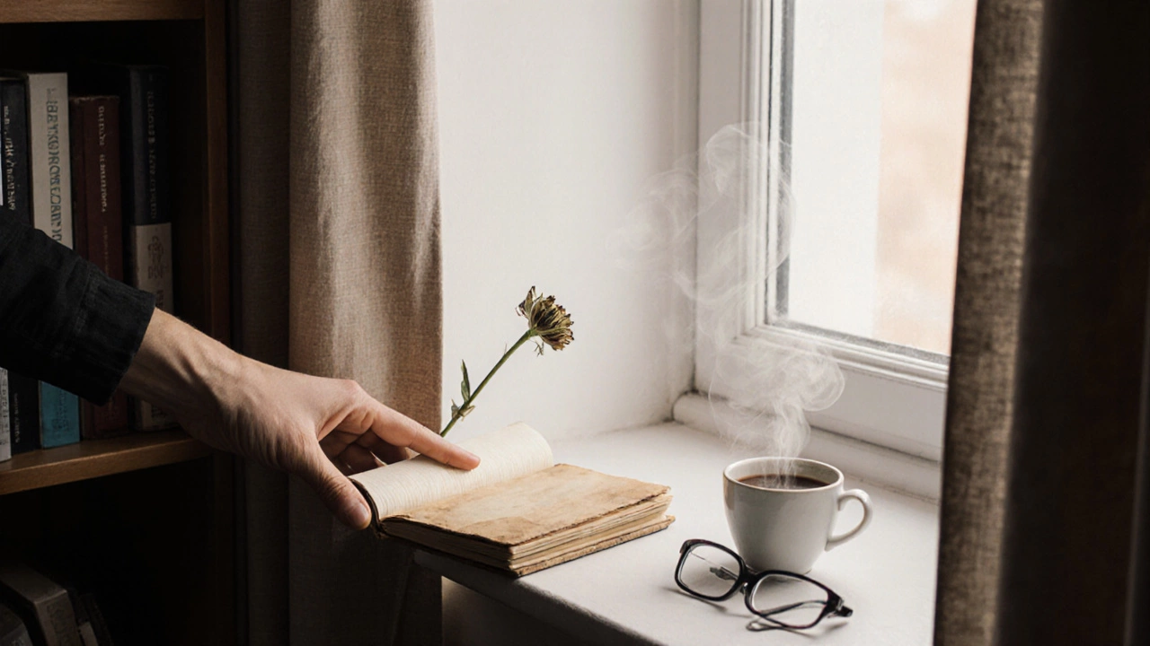 На подоконнике лежит старый блокнот, чашка кофе и цветок в лучах утреннего света.