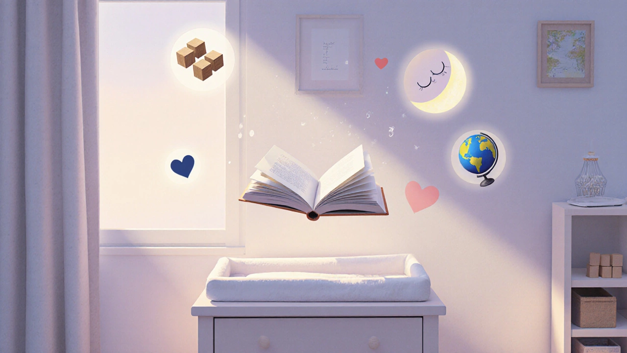 Открытая книга в детской, из неё исходят символы сна, привязанности и Монтессори.