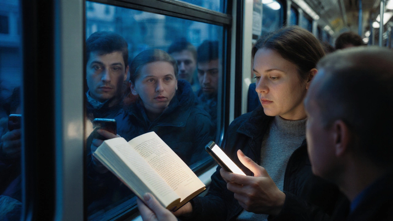 Пассажир читает книгу в трамвае, в то время как другие смотрят в телефоны.