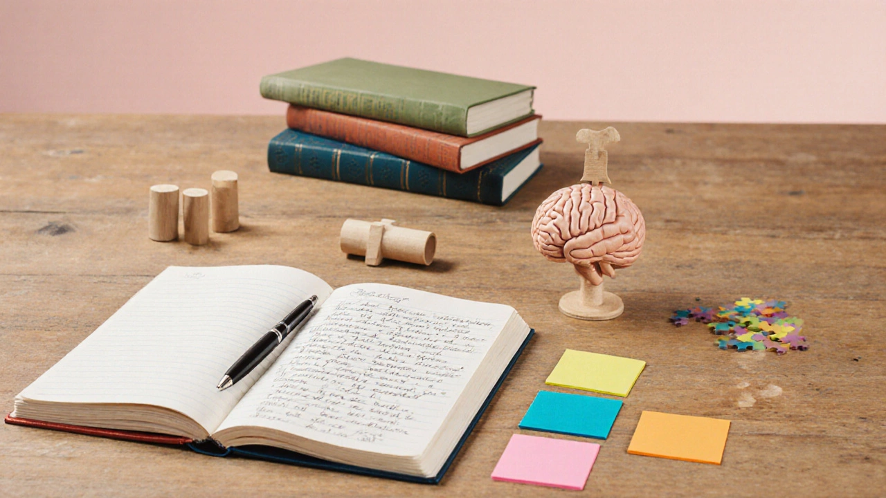 Разложенные книги, блокнот, ручка, модель мозга и материалы Монтессори на столе.
