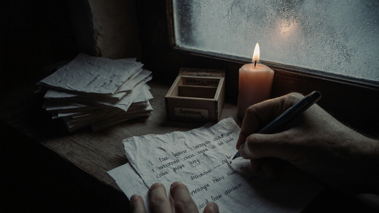 Рука пишет письмо на бумаге при свете свечи, рядом коробка с письмами, на окне иней, тень от свечи на стене.