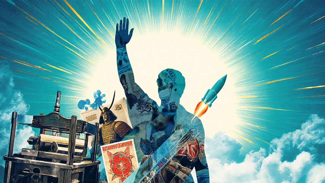 Силуэт современного человека, составленный из исторических символов, смотрит в светлое будущее.