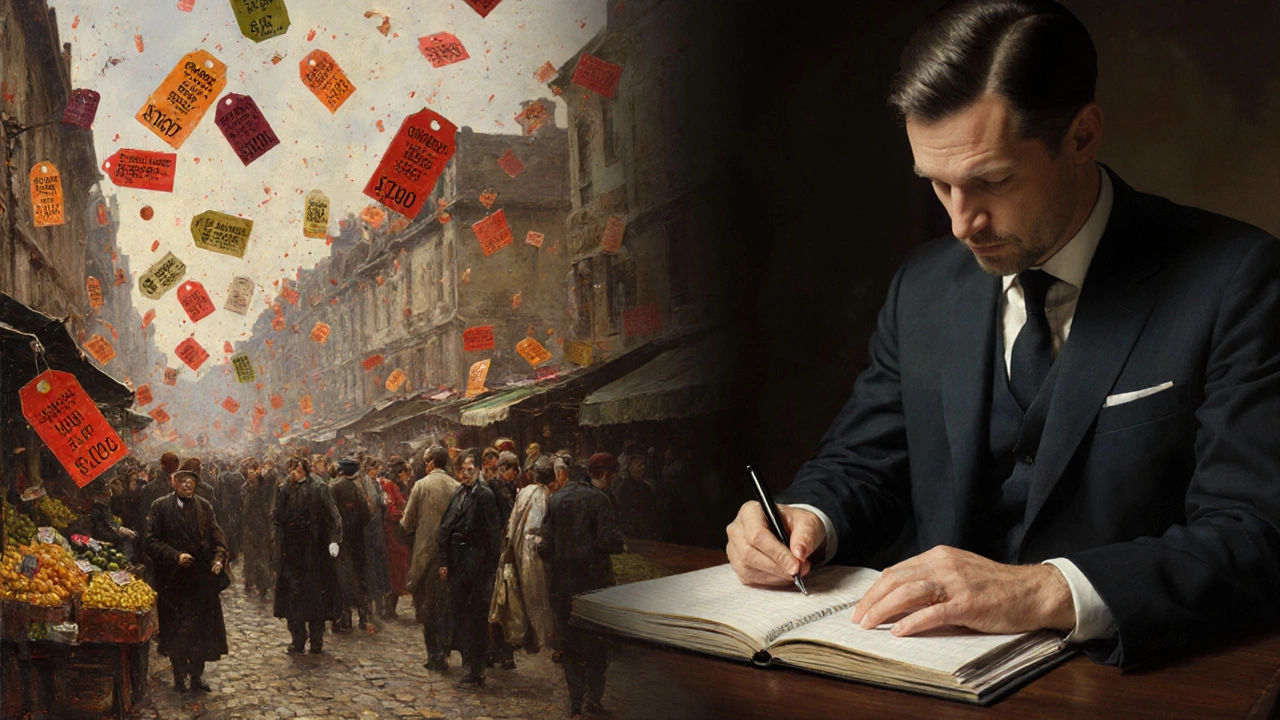 Улица в эпоху гиперинфляции Веймарской республики с огромными ценниками и современным бизнесменом.