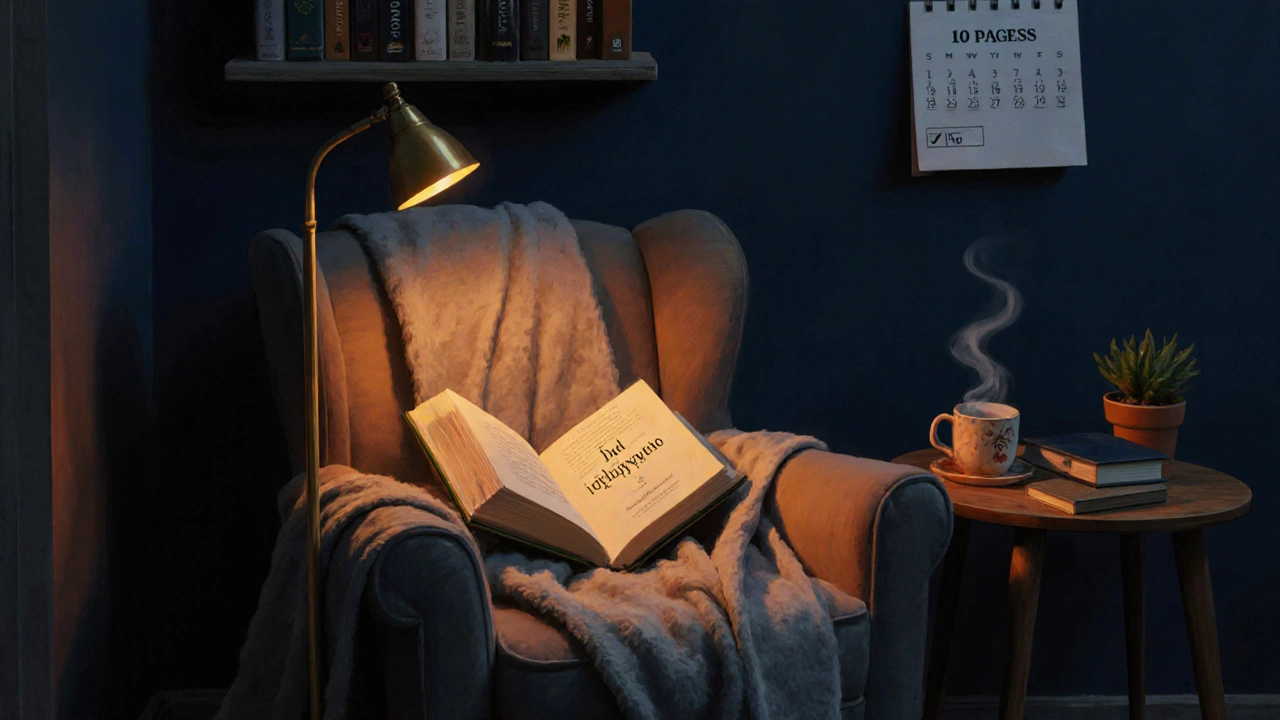 Уютный уголок для чтения: кресло, лампа, открытая книга, чай и календарь с отметкой привычки.