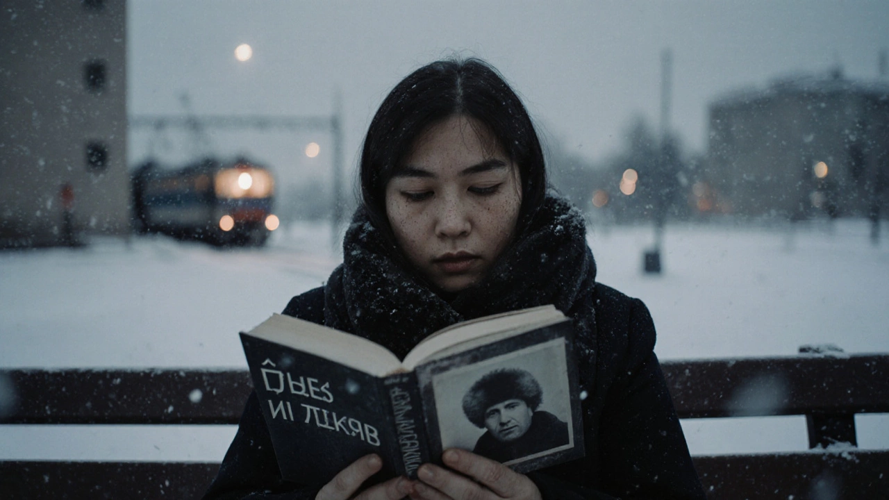 Женщина сидит на скамейке у больницы в Сибири, держит книгу 'Свет в тени', снег падает вокруг, в книге — фото мужа.