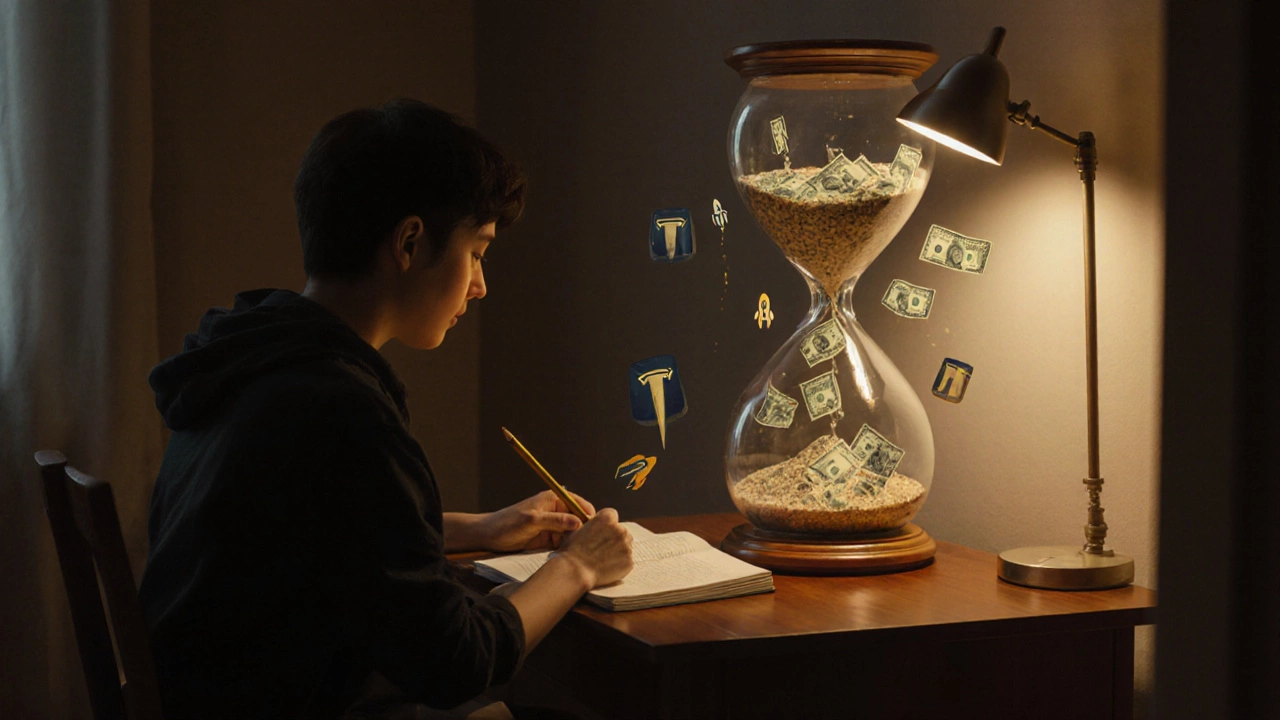 Человек читает книгу за столом в тихой комнате, над ним песок из песочных часов превращается в доллары и ракеты.