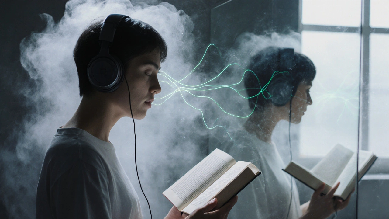 Человек читает вслух в ванной, используя наушники с микрофоном.