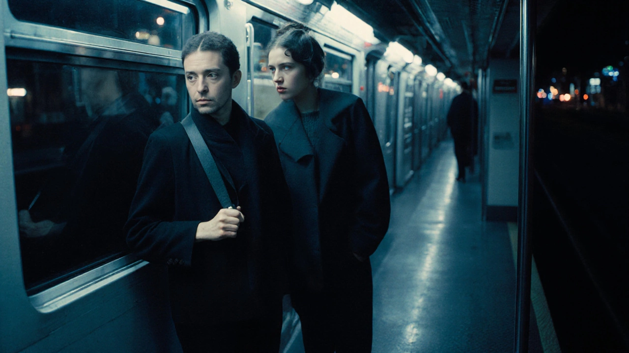 Два незнакомца в метро стоят рядом, один смотрит вперед, другой готов сказать что-то, но не говорит.