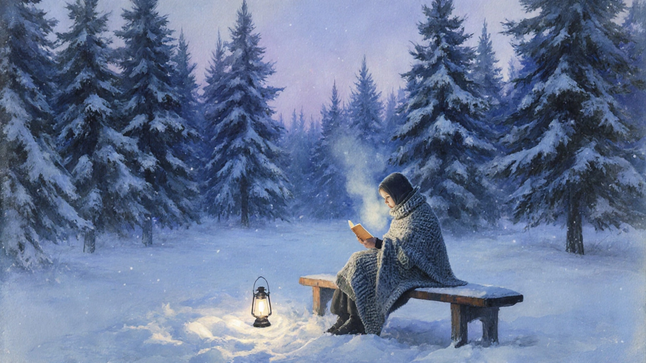 Фигура читает под фонарём в заснеженном лесу при сумерках.
