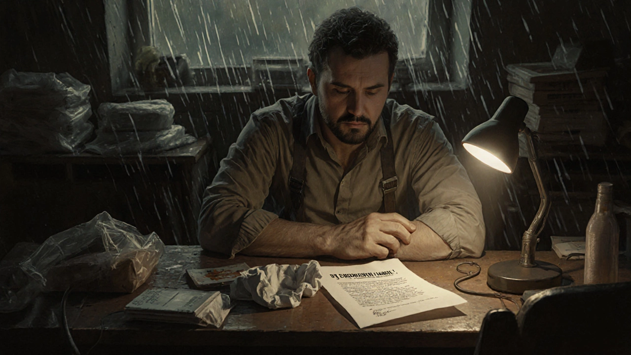 Изобретатель в мастерской с 17 неудачными образцами упаковки, один успешный образец светится на столе.