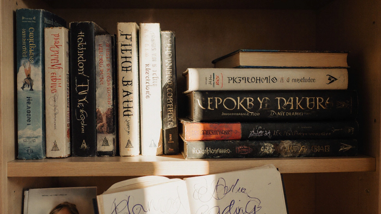 Книжная полка с книгами, сгруппированными по жанрам и настроению, детская книга внизу, блокнот и слегка сдвинутая книга.