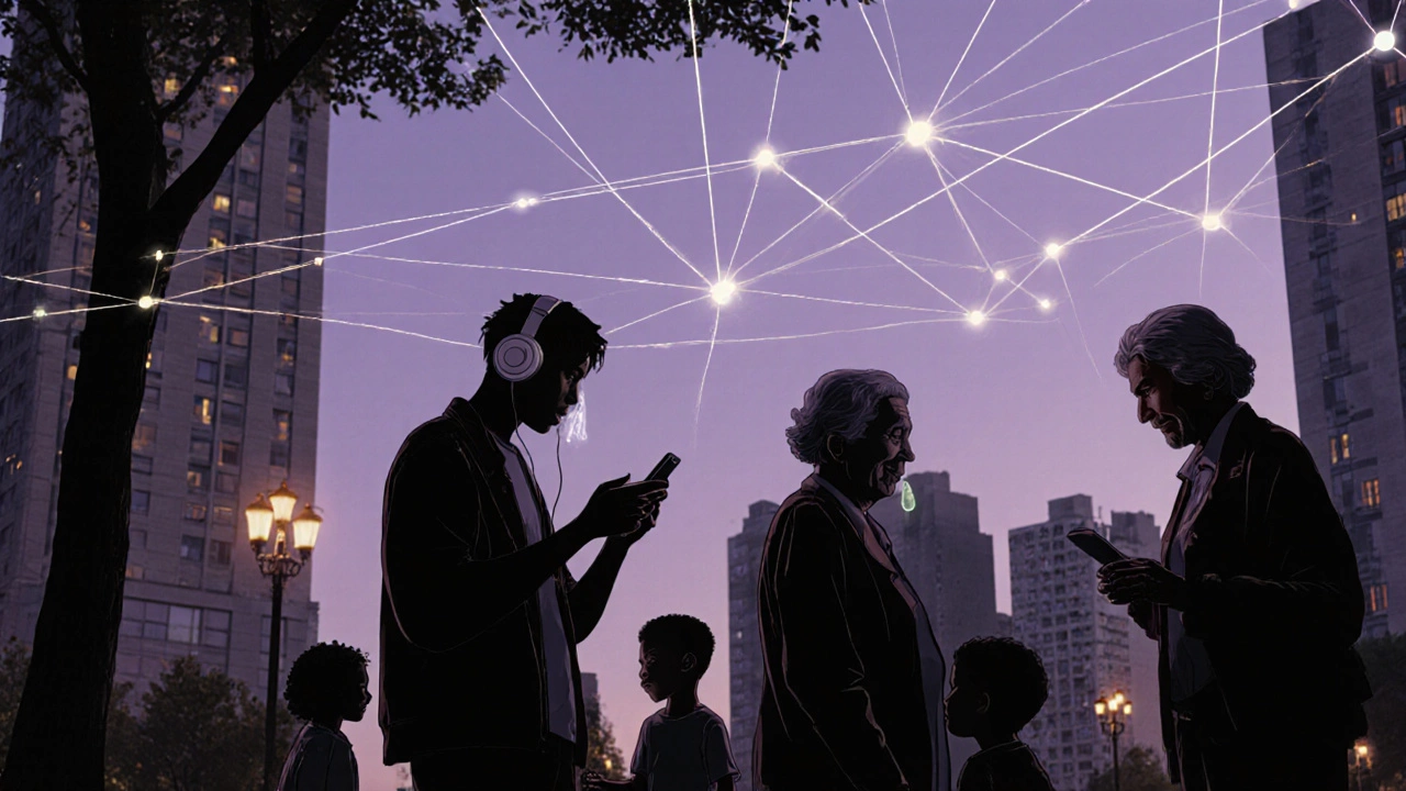 Люди в парке на закате, соединённые невидимыми нитями эмоций.