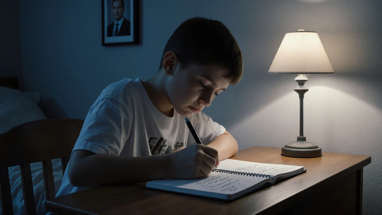 Мальчик пишет в дневнике даты и фразы о том, что отец не сделал — без слов, только цифры.