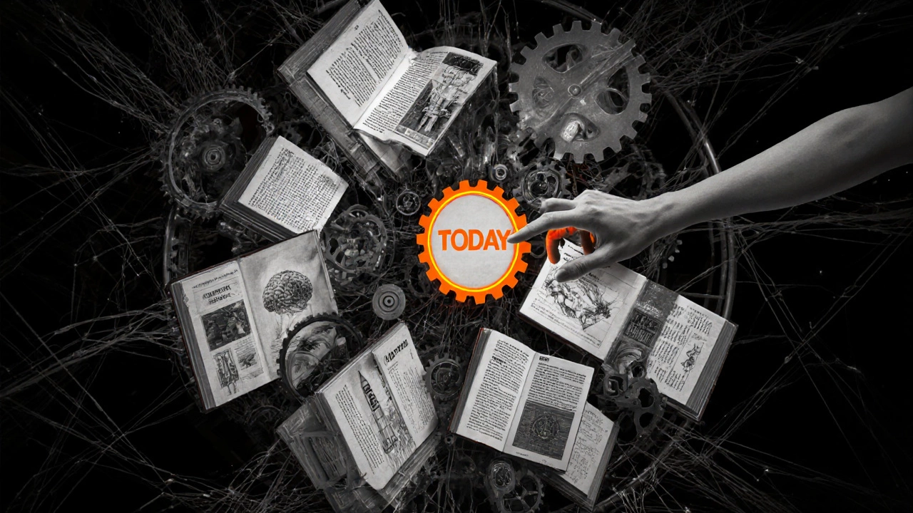 Механизм из книг и шестерёнок превращает знания в изобретения, одна рука поворачивает шестерёнку с надписью &#039;Сегодня&#039;.