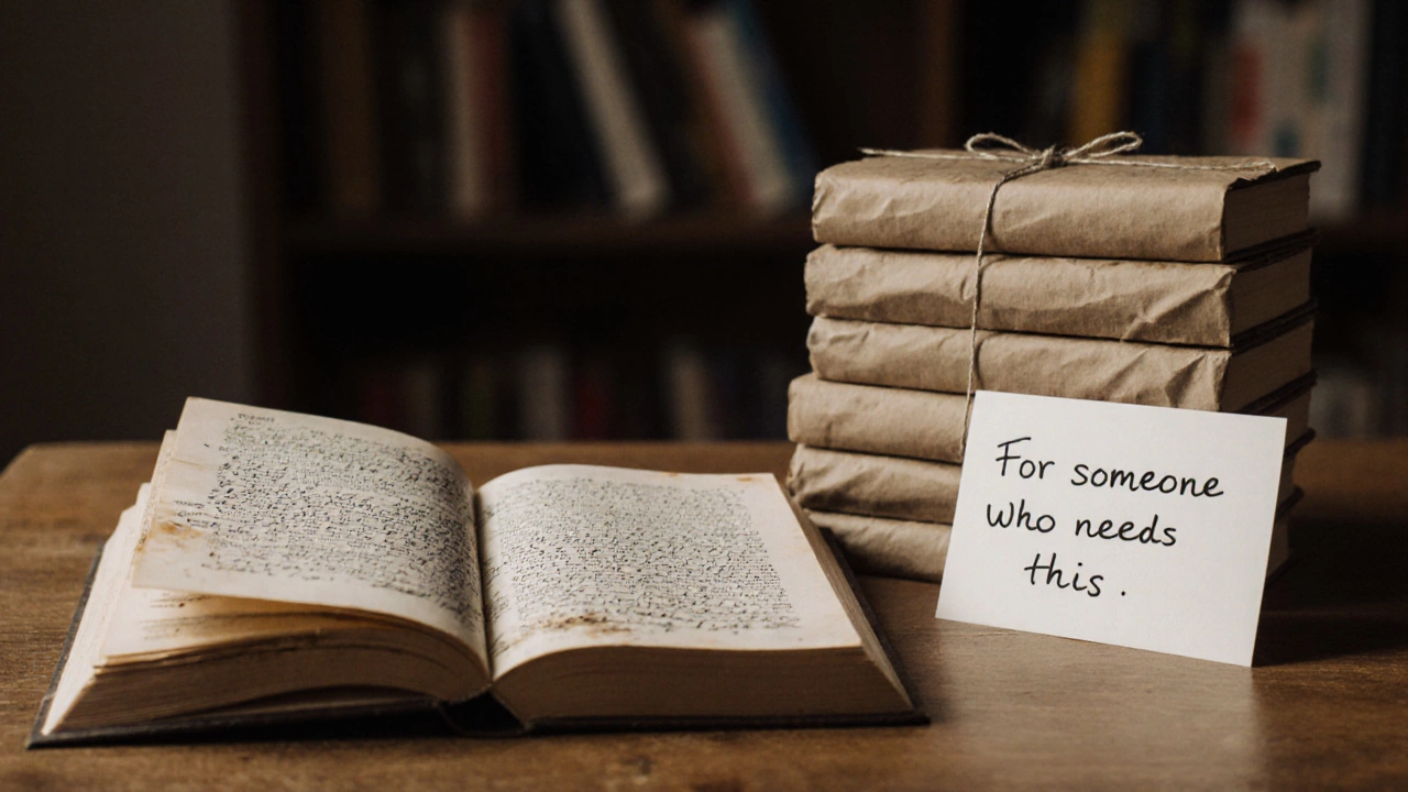 Открытая книга с рукописными заметками и стопка подаренных книг, готовых к передаче другому читателю.