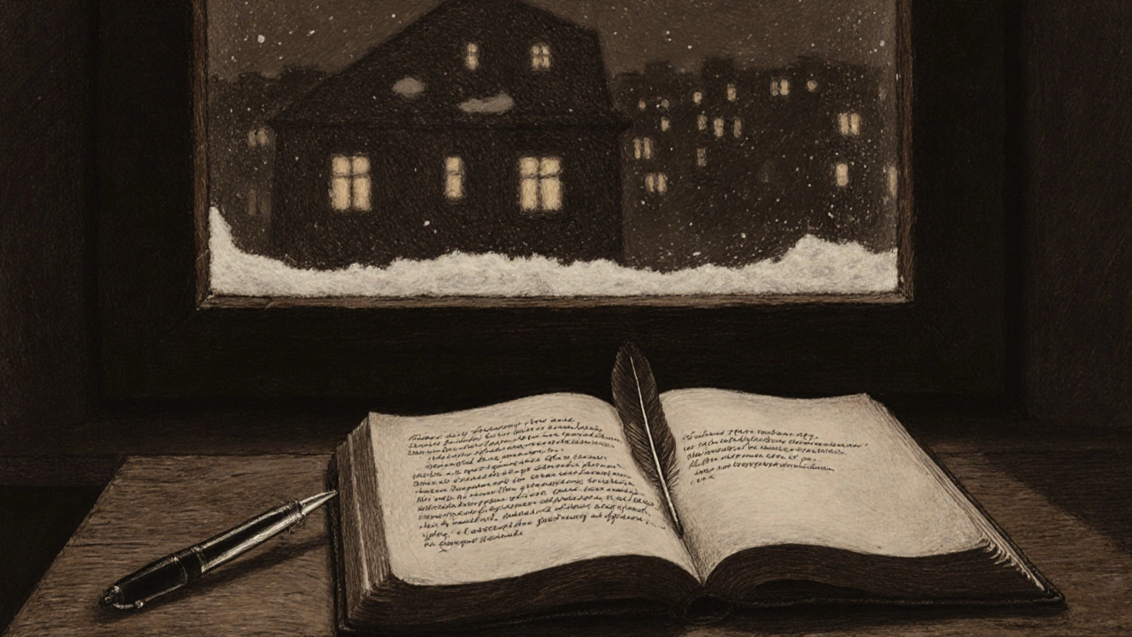 Открытый дневник с рукописным текстом на деревянном столе у окна.