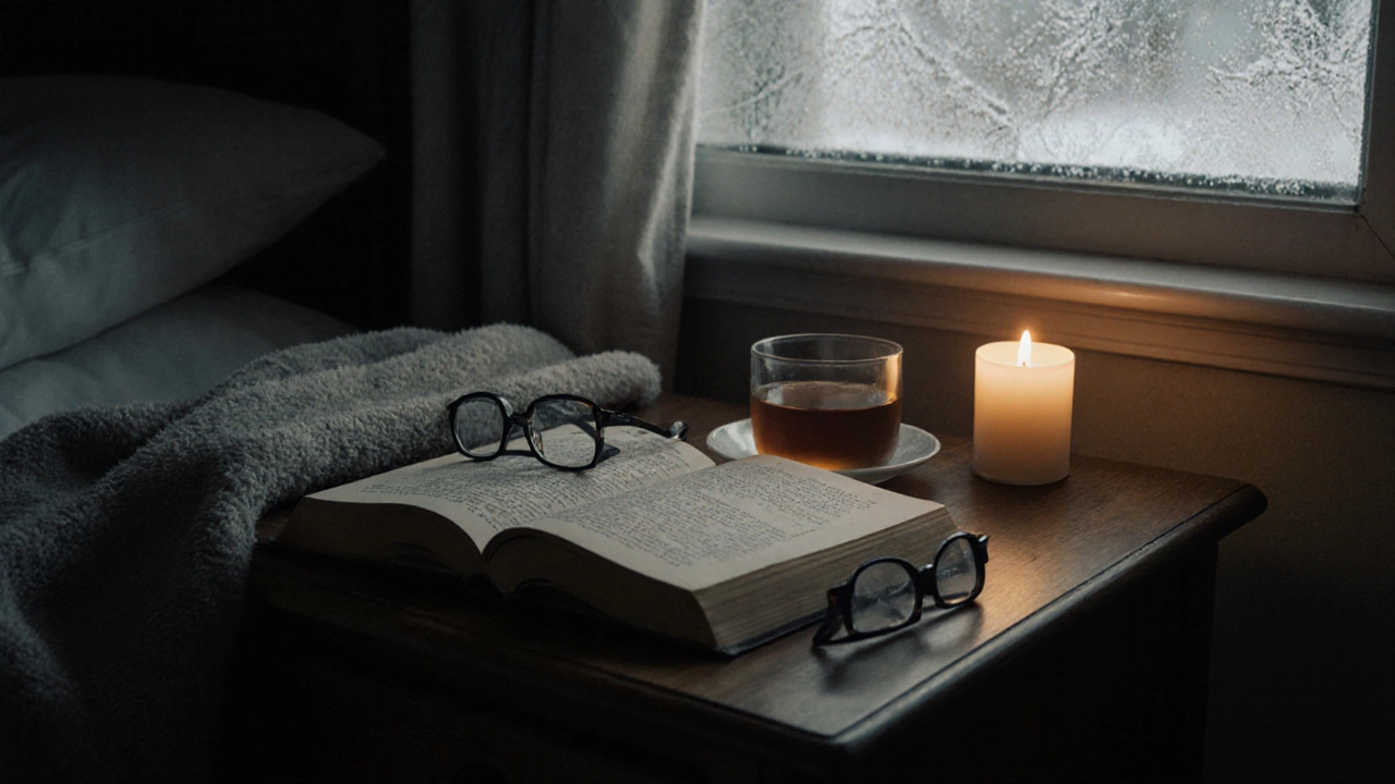 Прикроватная тумбочка с книгой Чехова, чашкой чая и свечой в зимней комнате.