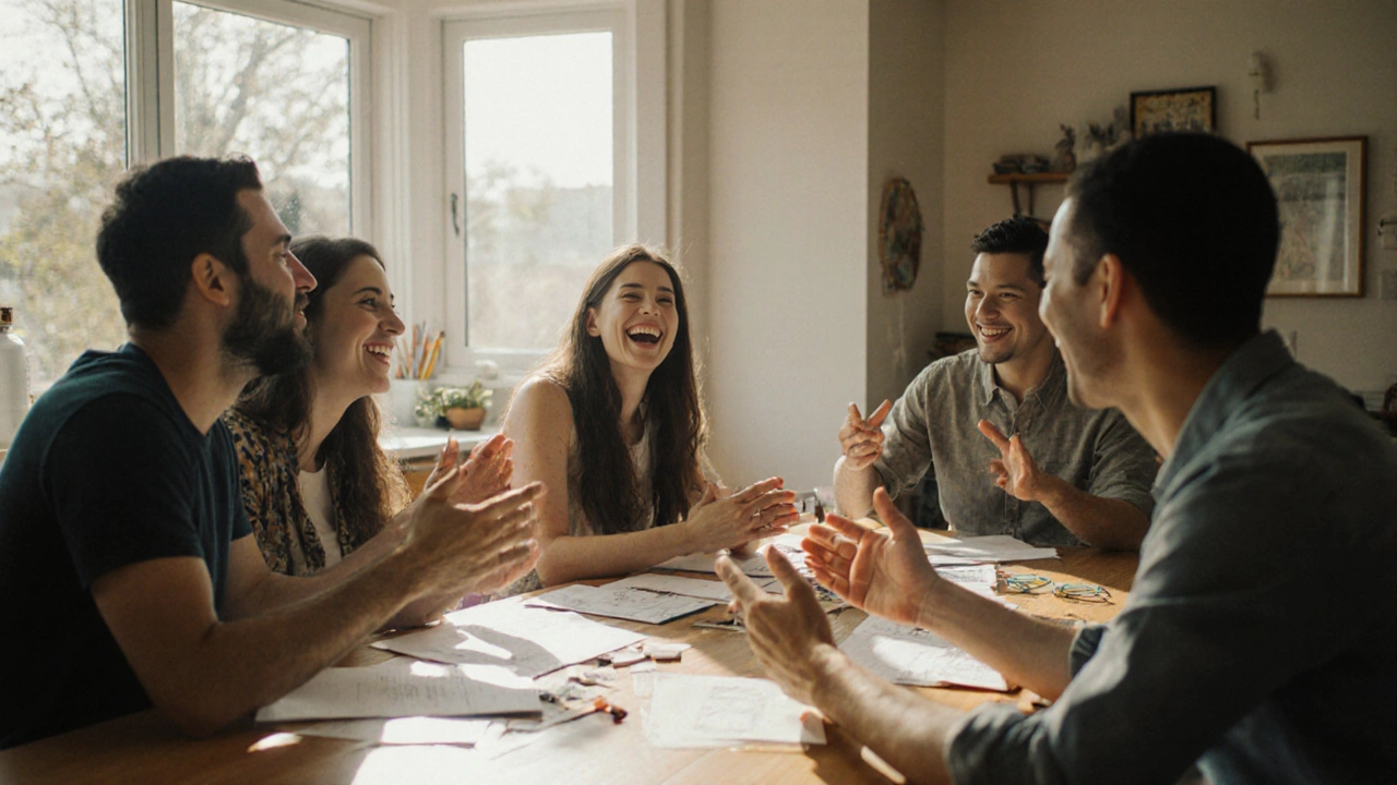 Разные люди за обеденным столом, беседуют без телефонов, в тёплом светлом кухонном пространстве.