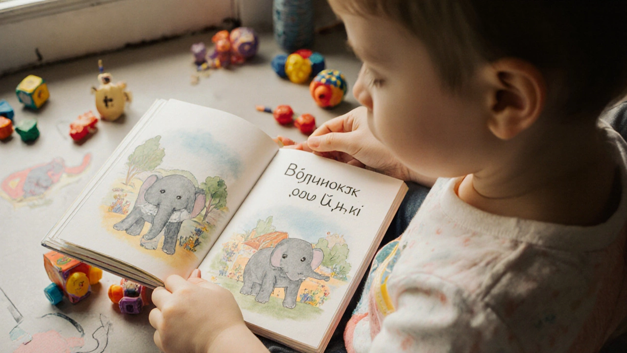 Ребёнок листает книгу с яркими иллюстрациями, игрушки вокруг.