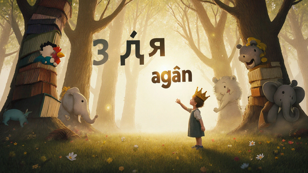 Ребёнок в волшебном лесу из букв, достигает до светящегося слова &#039;ещё&#039;.