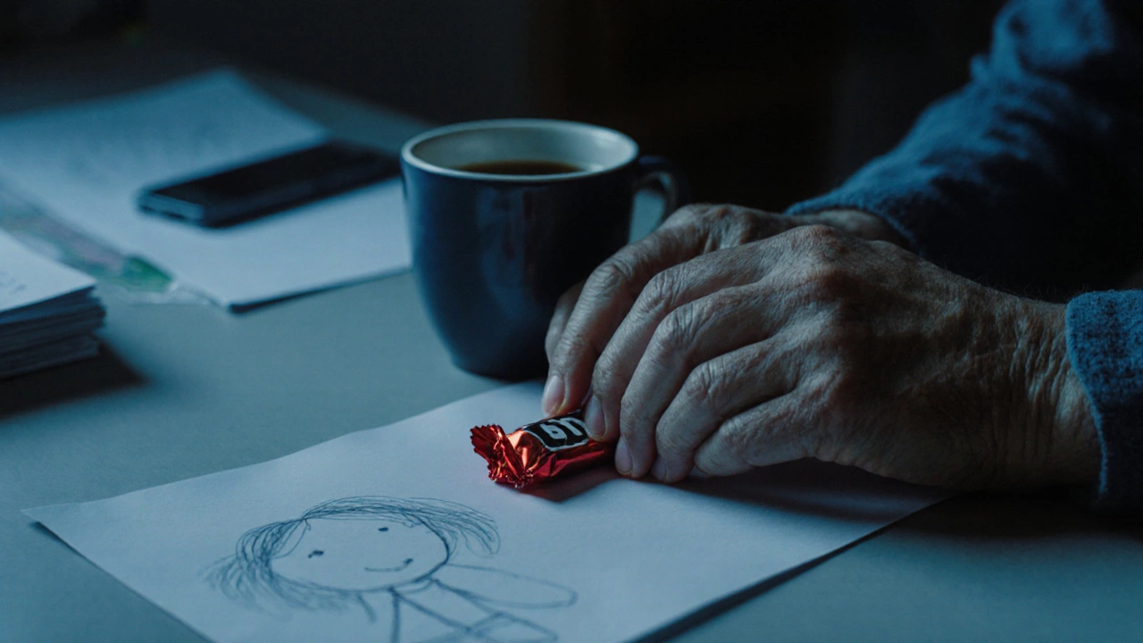 Руки кладут конфету на стол рядом с чашкой кофе.