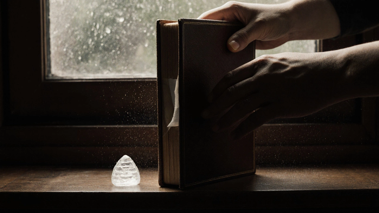 Руки осторожно ставят старую книгу на полку с архивной бумагой и пакетиком силикагеля в влажной комнате.