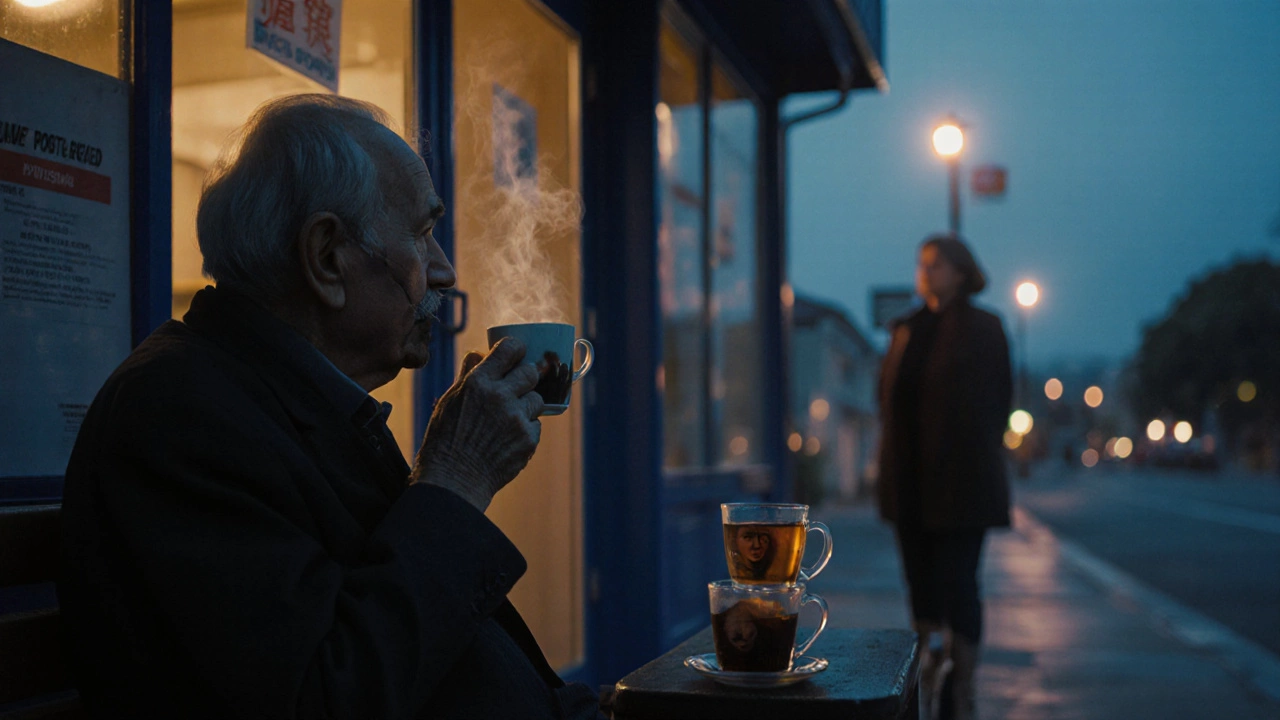 Старик с двумя чашками на скамейке у почты — одна чашка отражает лицо умершей жены.