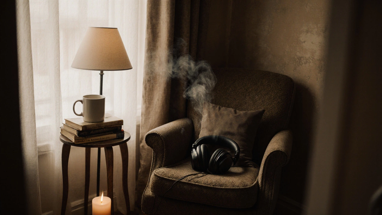 Угол для творчества: кресло, книга, чашка и свеча — место тишины и ритуала.