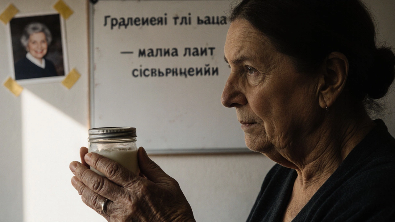 Женщина 52 лет тщательно проверяет баночку косметики, на стене — фото мамы, свет утреннего солнца.