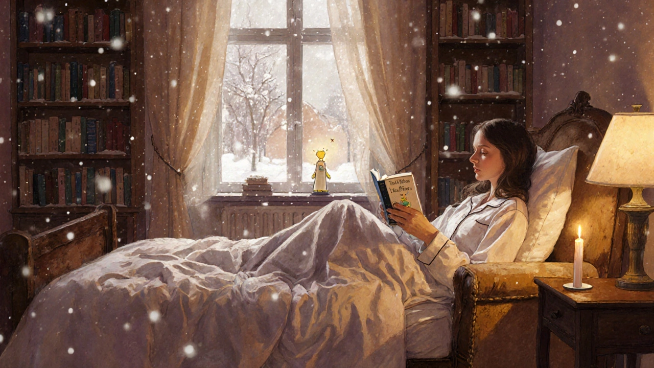 Женщина читает &#039;Маленького принца&#039; в кресле при свече, за окном — снег.