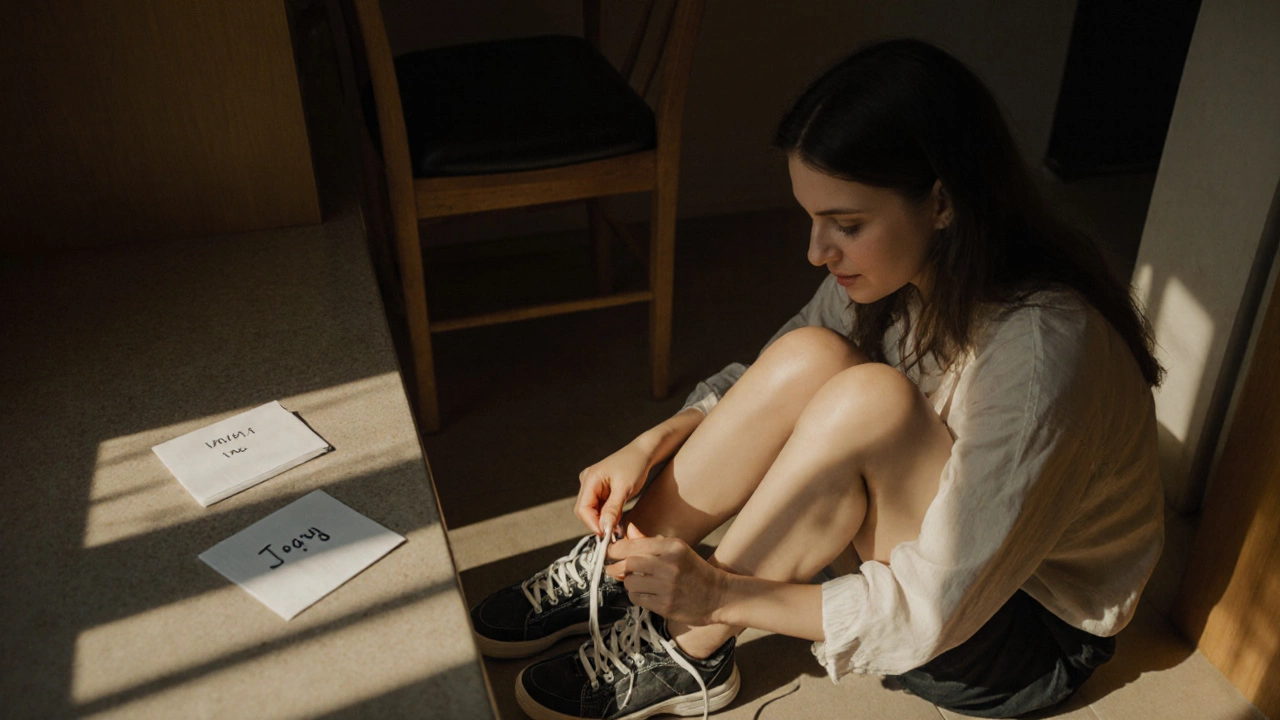 Женщина сидит на полу рядом с не завязанными кроссовками, на столе лежит записка с одним словом.