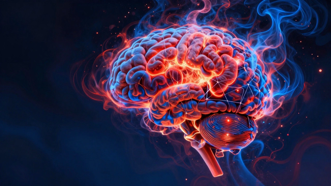 Абстрактное изображение мозга, где эмоции вспыхивают яркими огнями, а логика пытается их сдержать.