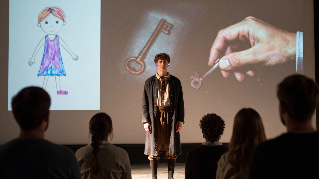 Актёр на сцене получает подсказки через наушники, за ним проецируются визуальные подсказки из истории.