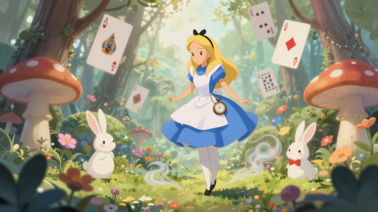 Алиса в Стране чудес парит среди гигантских игральных карт и говорящих цветов в сказочном лесу.