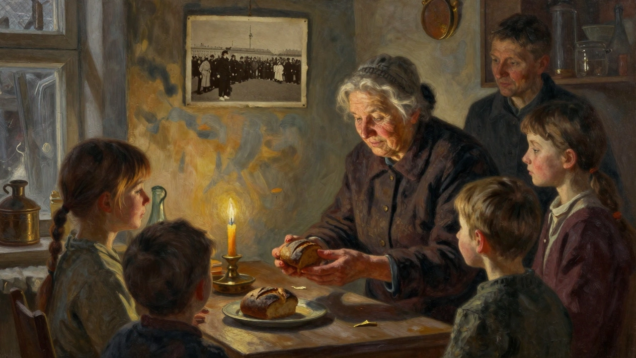 Бабушка в кухне с куском чёрного хлеба, на стене — старая фотография блокады.