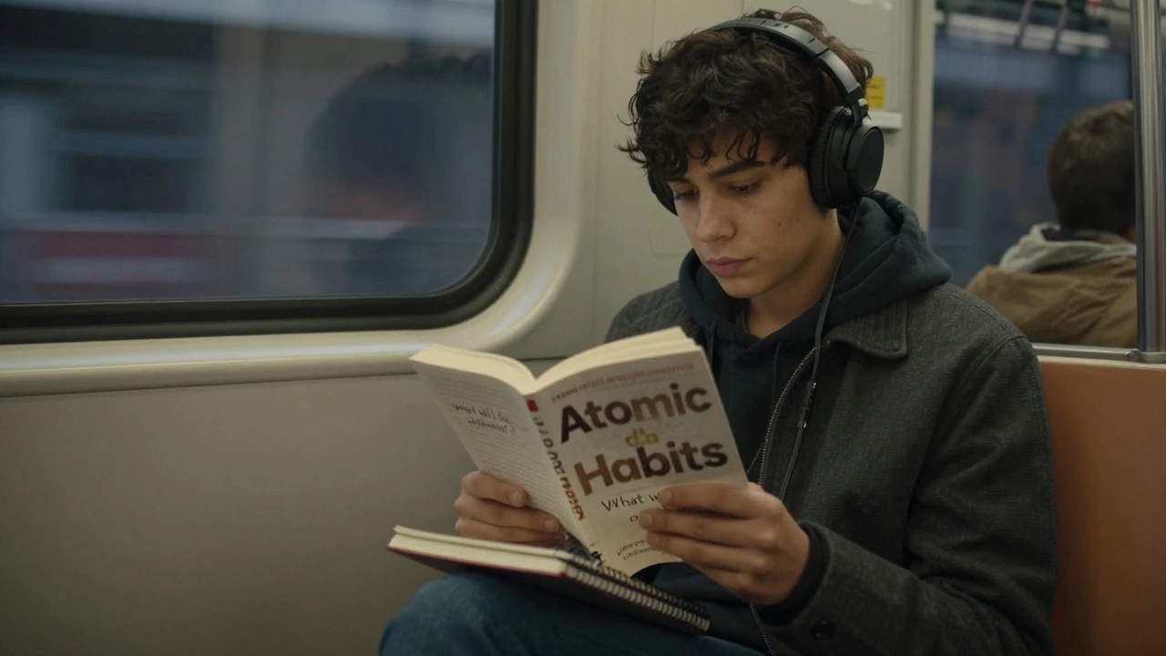 Человек читает книгу о привычках в метро, делает заметки, вокруг — размытые пассажиры.