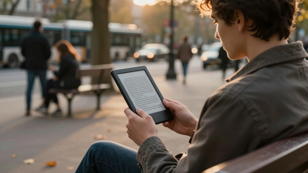 Человек читает на скамейке в парке при закате