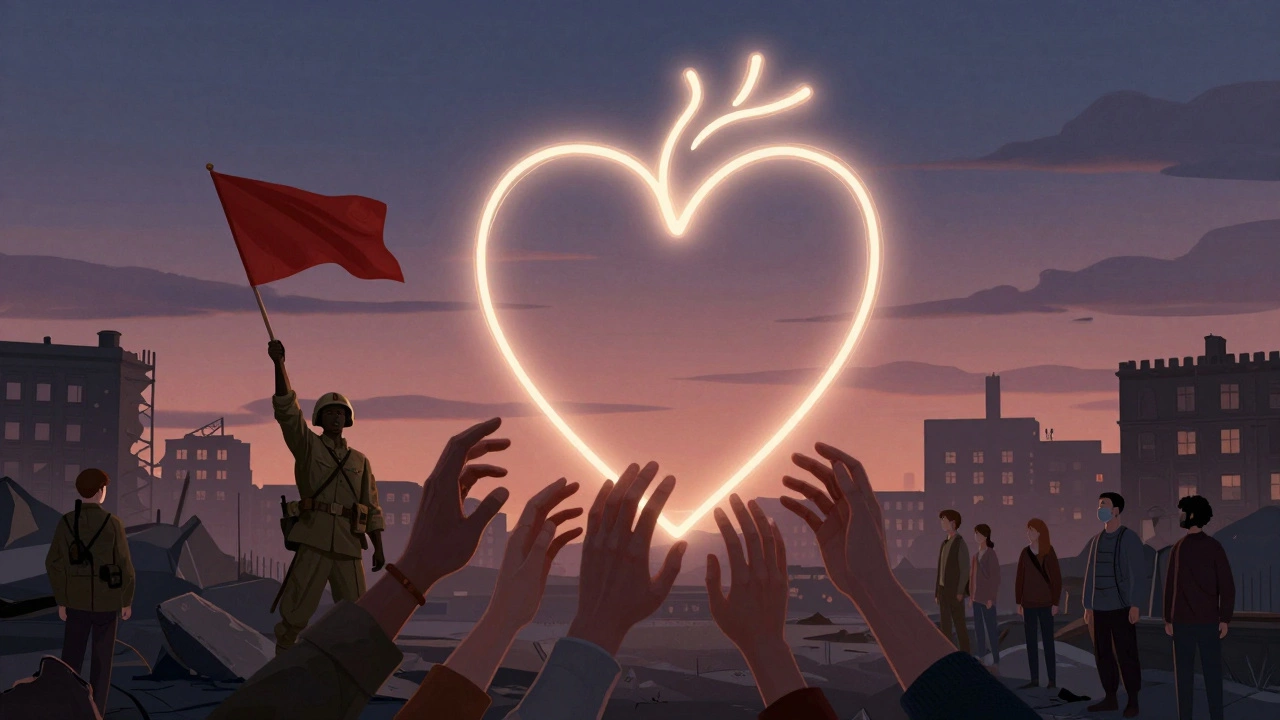 Цепочка рук из разных эпох, соединённых светящимися нитями в форме сердца.