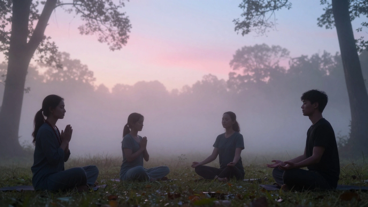 Четыре человека медитируют в тишине на рассвете, без религиозных символов