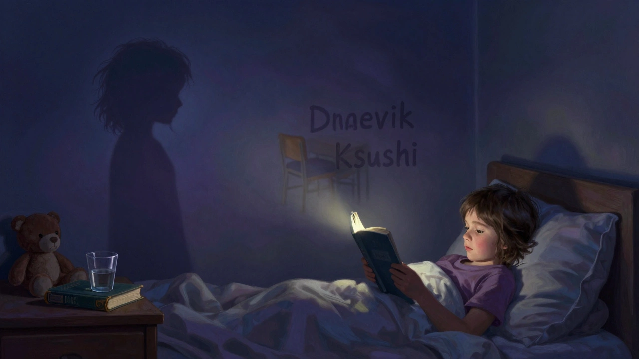 Девочка читает дневник под одеялом, свет фонарика отбрасывает тени героев.