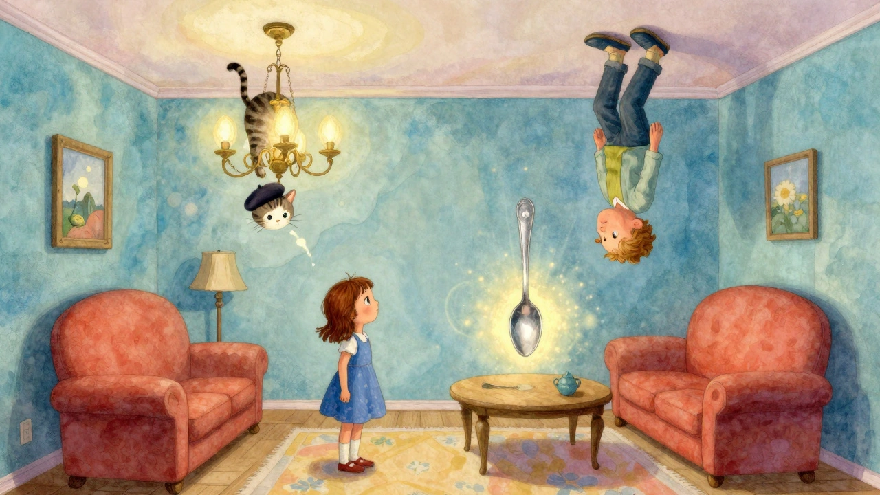 Девочка в комнате, где мебель и кошка парят вверх ногами, волшебная ложка светится.