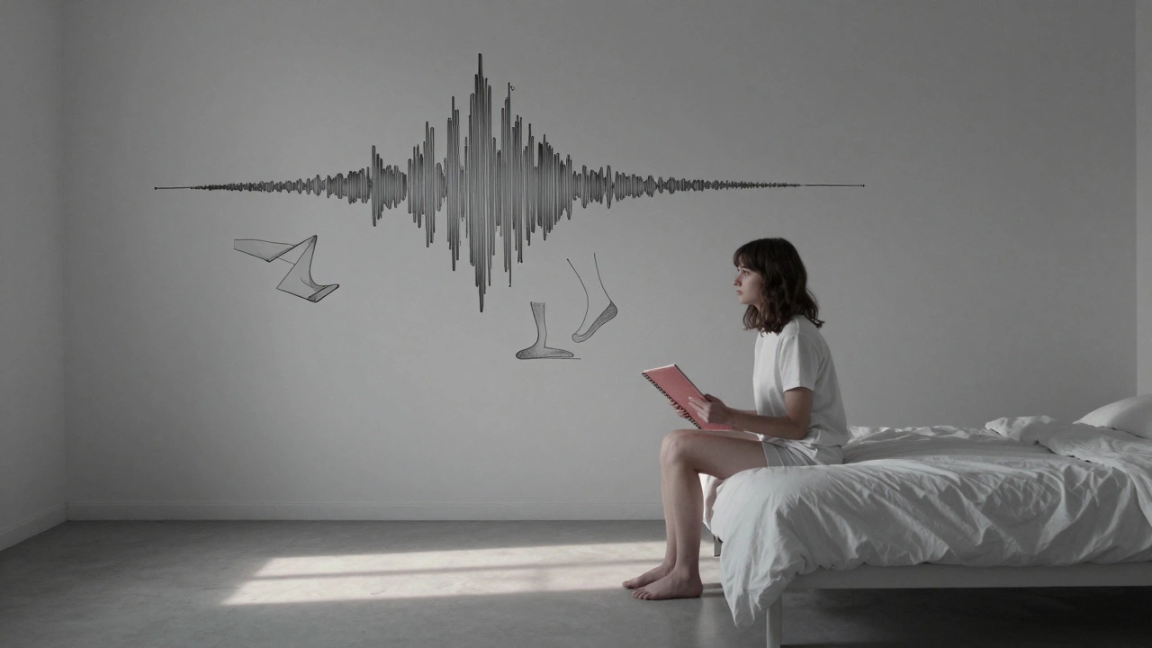 Девушка сидит на кровати, держа дневник, на стене — графики звуков.