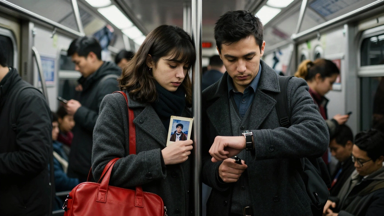 Два незнакомца в переполненном метро, избегая взгляда, один держит фотографию, другой поправляет часы.