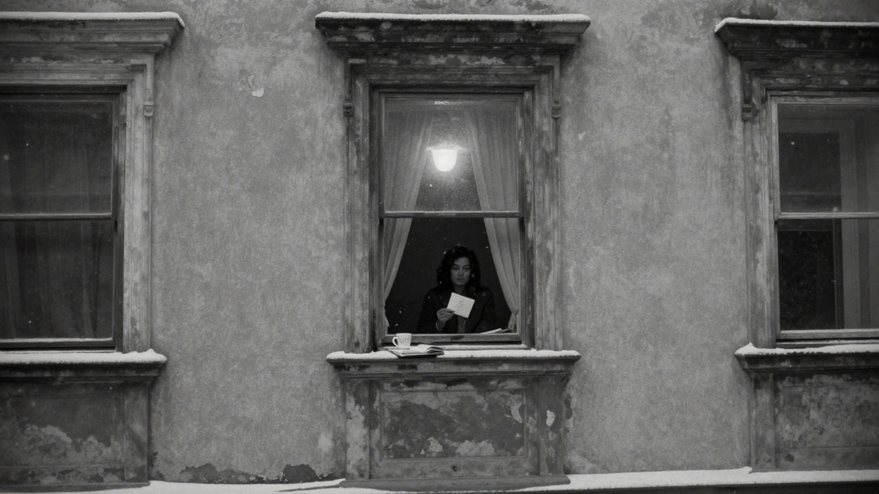 Два окна в зимнем доме: одно светится, в другом — женщина с запиской.