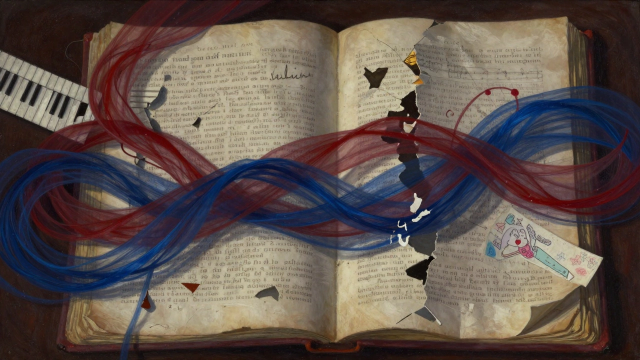Эмоции в виде цветных нитей, переплетающихся с обрывками рукописи и нот.