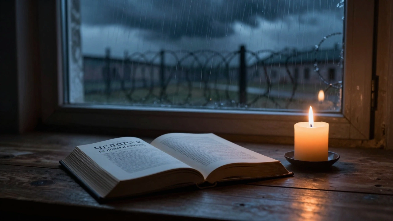 Книга 'Человек в поисках смысла' на столе при свече, за окном — буря, в отражении — колючая проволока.