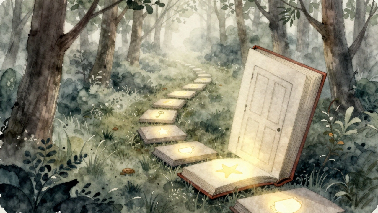 Книга превращается в волшебный путь через лес, где каждая страница — это символ личного открытия.