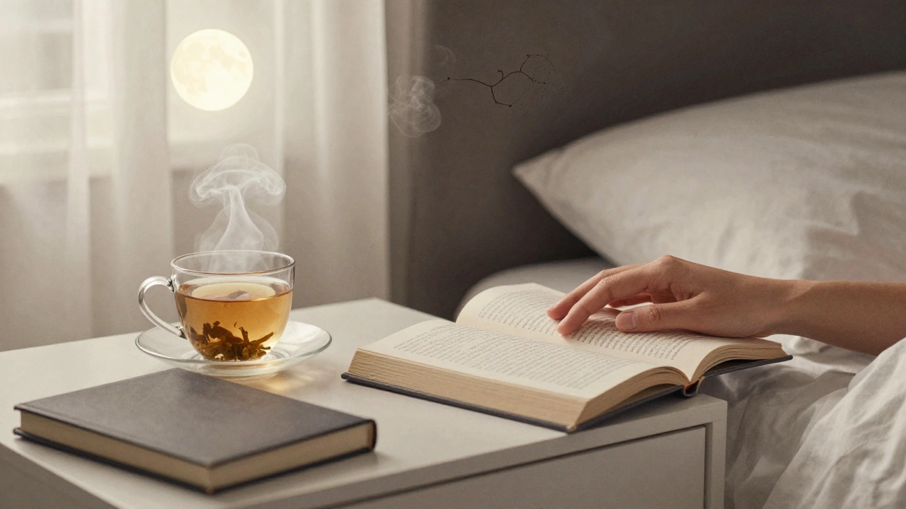 Книга закрывается на тумбочке рядом с чаем и дневником — тихий ритуал перед сном.